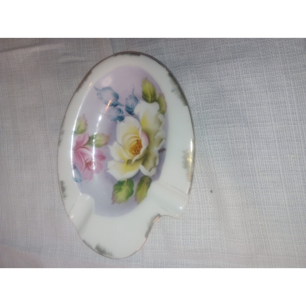 Lefton China Floral Ashtray Hand painted White, Pink #132 7‎ Inch